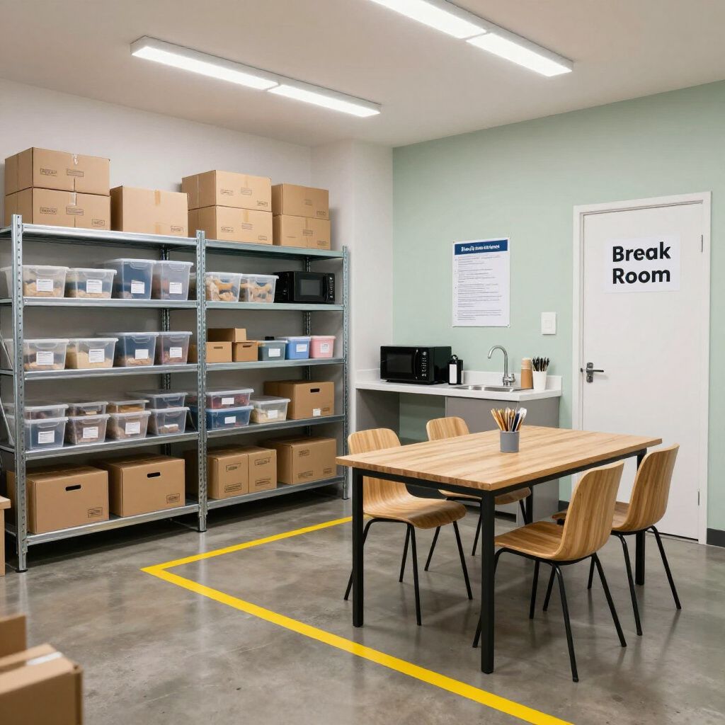 Storage room with shelves of boxes, break room with table, microwave, and sink.