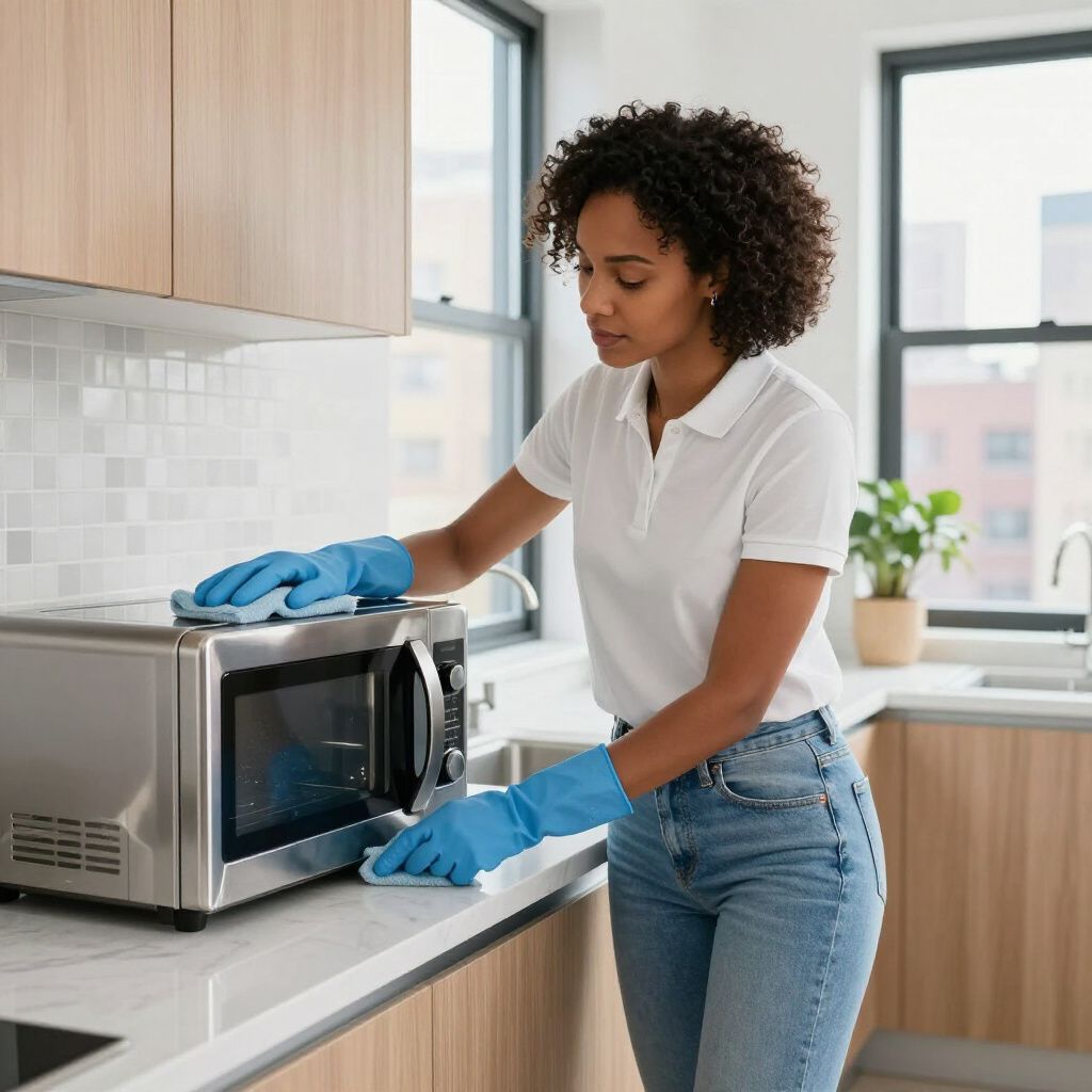 Woman wearing blue gloves cleaning a stainless steel microwave in a modern kitchen.