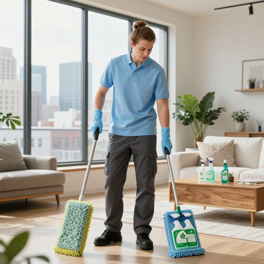 Person mopping a hardwood floor in a living room, wearing gloves and a uniform; two mops are visible.