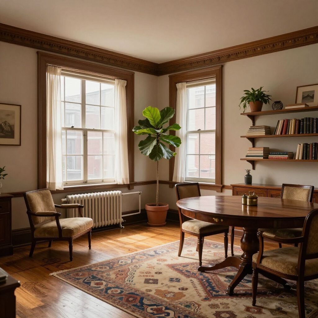 A dining room with a round wooden table, chairs, rug, windows, and a large potted plant.