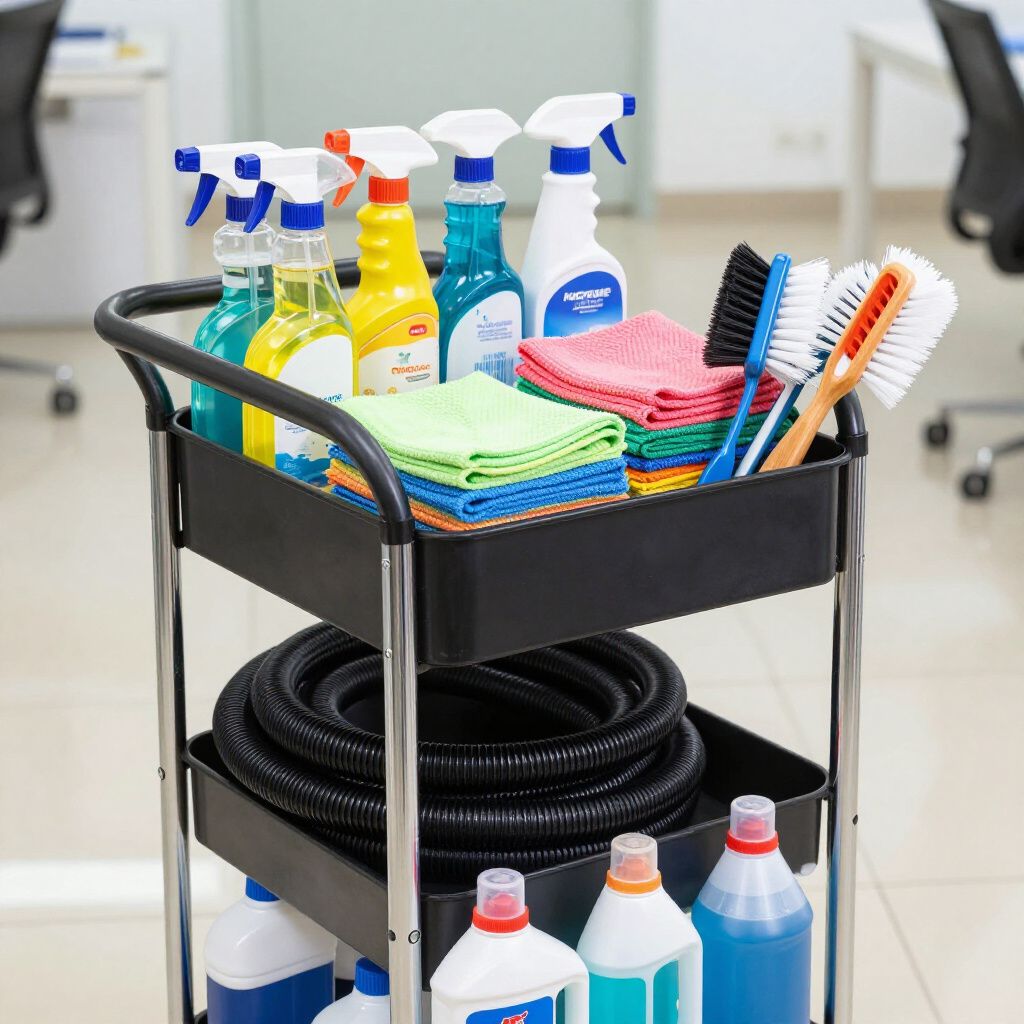 Cleaning supplies on a three-tiered cart: spray bottles, cloths, brushes, and a hose, inside an office.