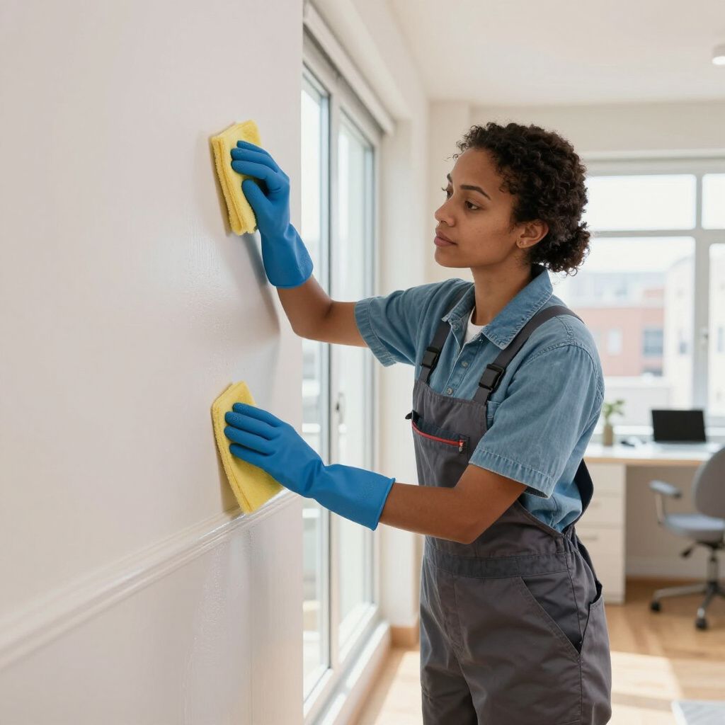 Person in blue gloves and work clothes cleaning a white wall with yellow sponges.