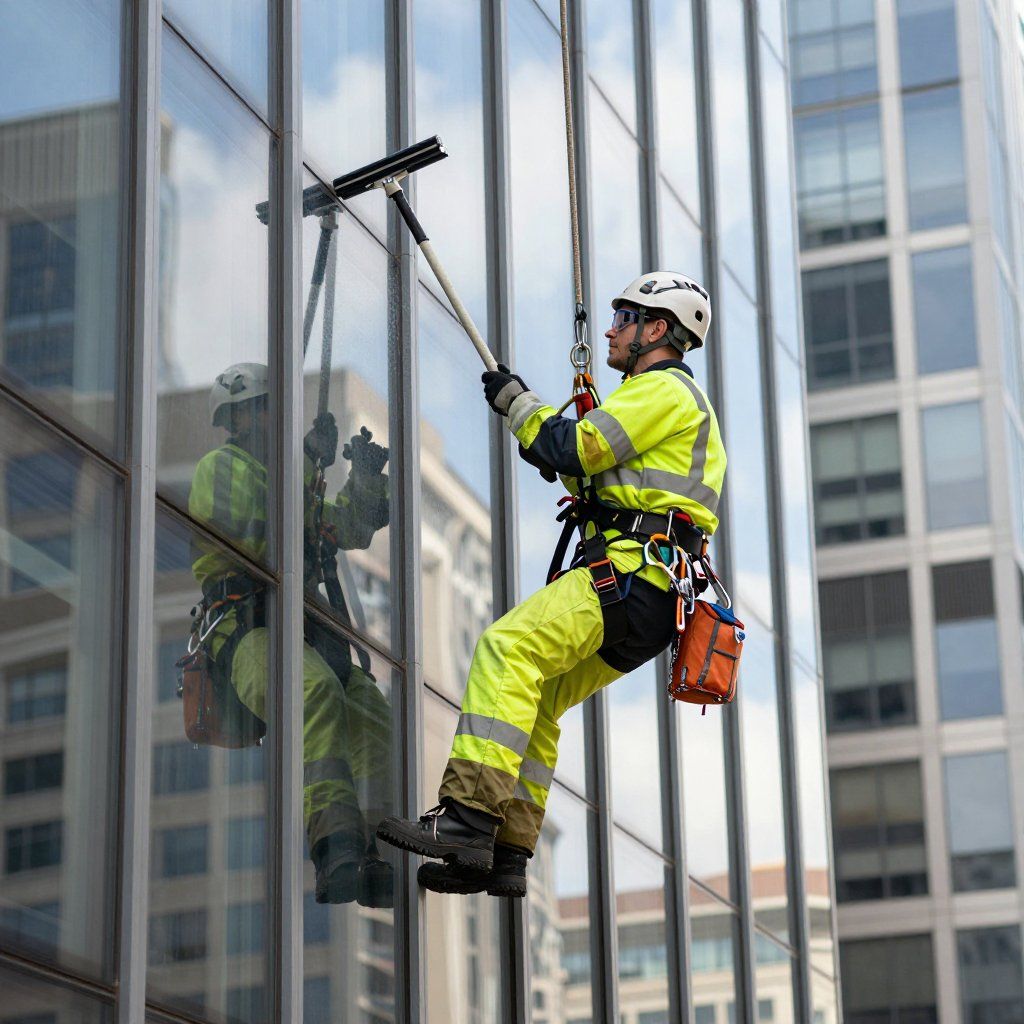 Window washer in safety gear cleaning glass on a tall building.