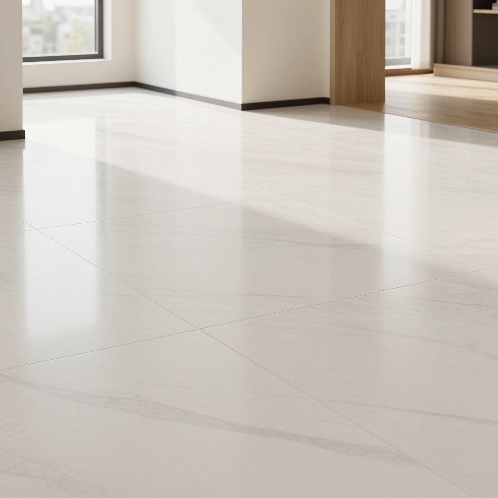 White glossy tiled floor in a brightly lit room; window and wooden door in the background.