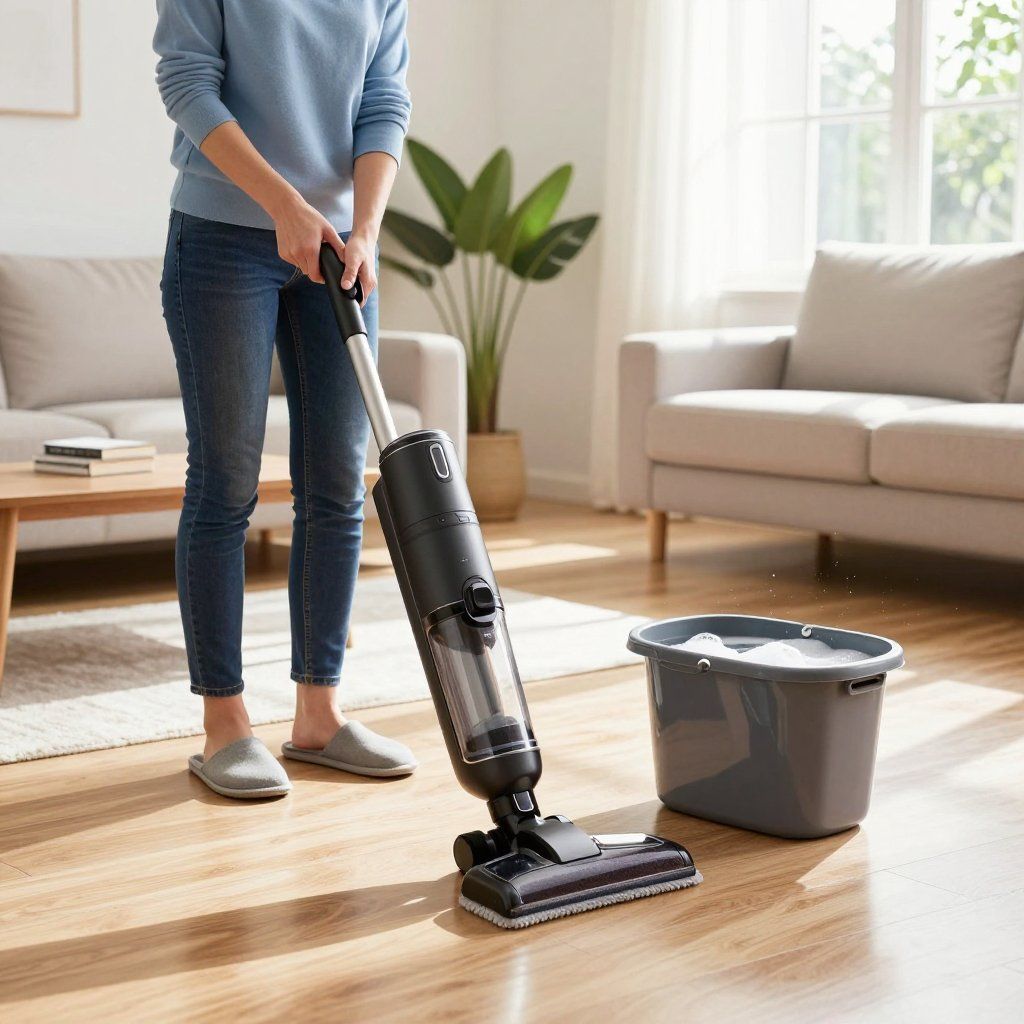 Woman uses a black and silver floor cleaner on hardwood floor, with a bucket nearby in a living room.