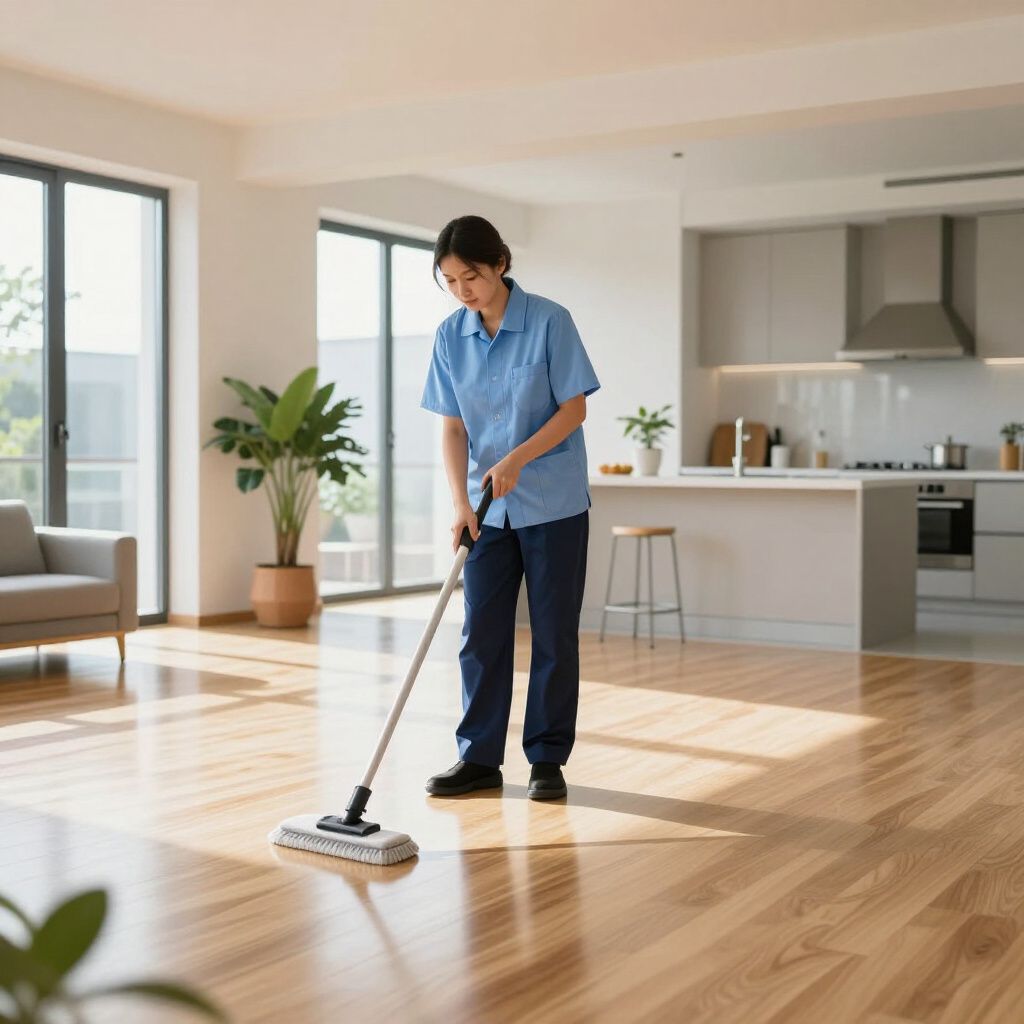 Person mopping a hardwood floor in a bright, modern living room.