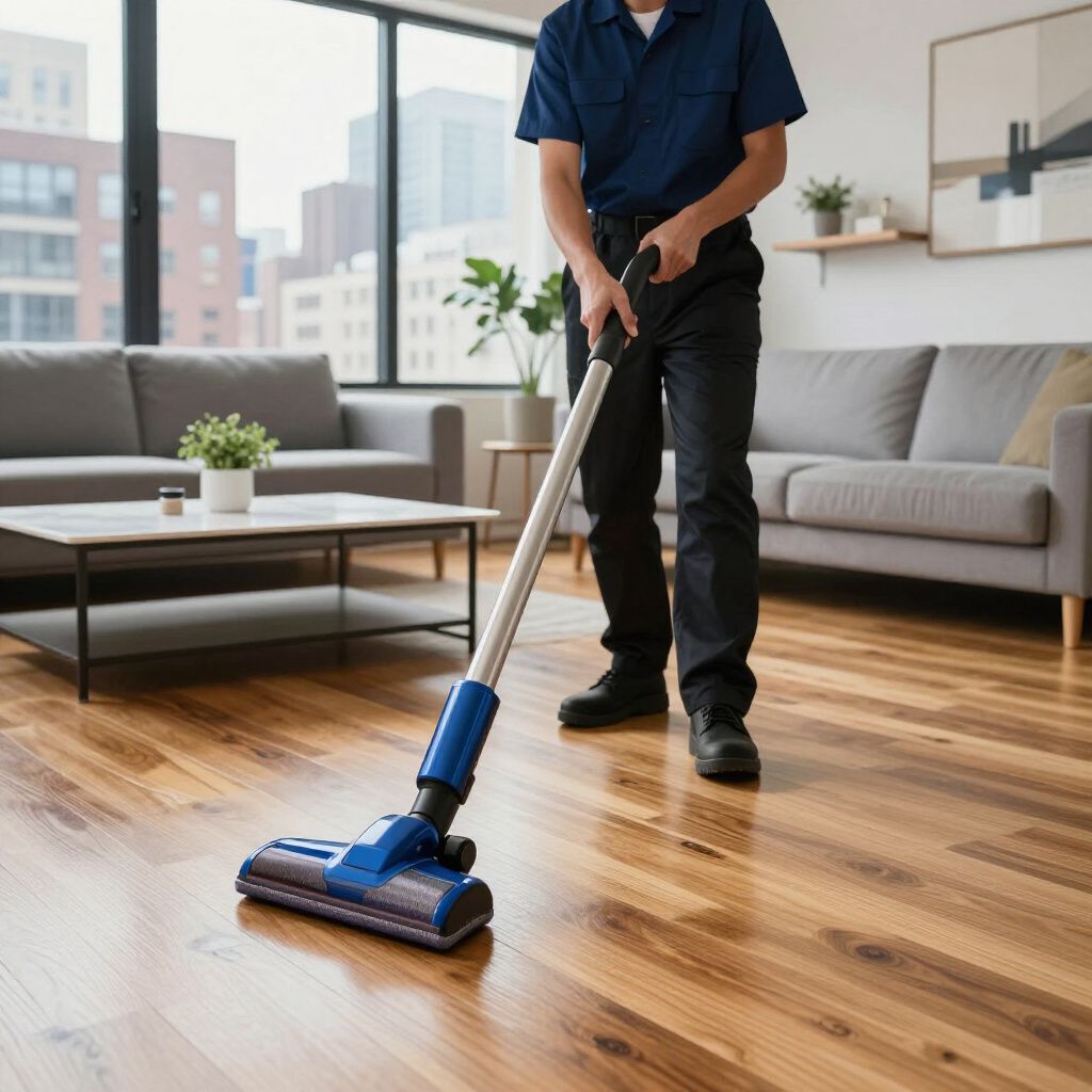 A person vacuums a wooden floor in a living room, holding a blue and silver vacuum cleaner.