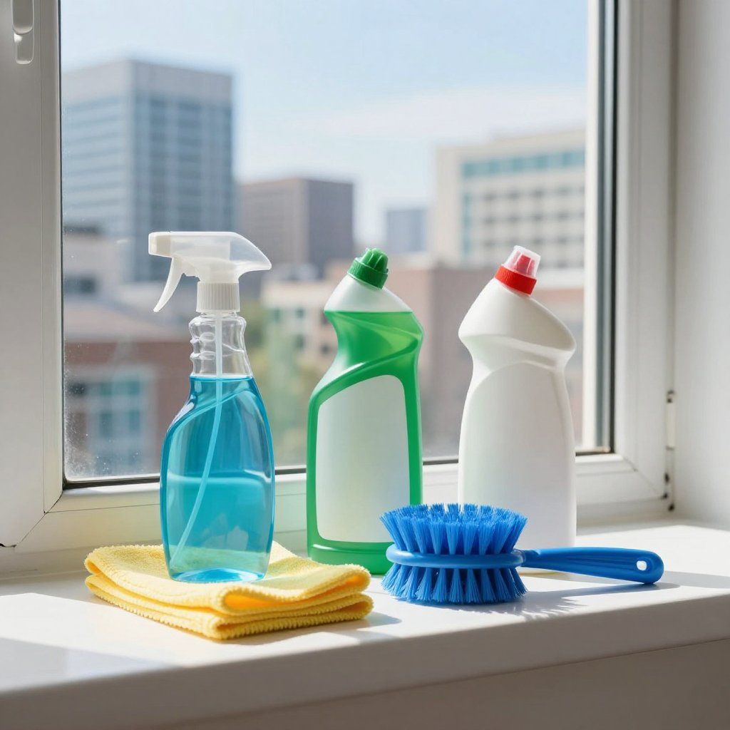 Cleaning supplies on a windowsill: spray bottle, cleaner bottles, scrub brush, and yellow cloth. City background.
