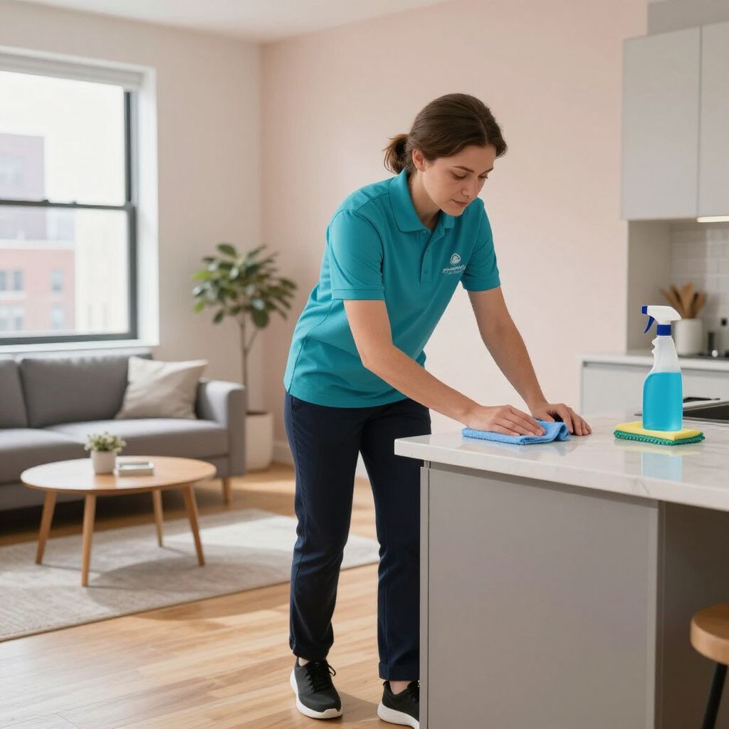 Woman cleaning a kitchen countertop with a blue cloth and spray bottle.