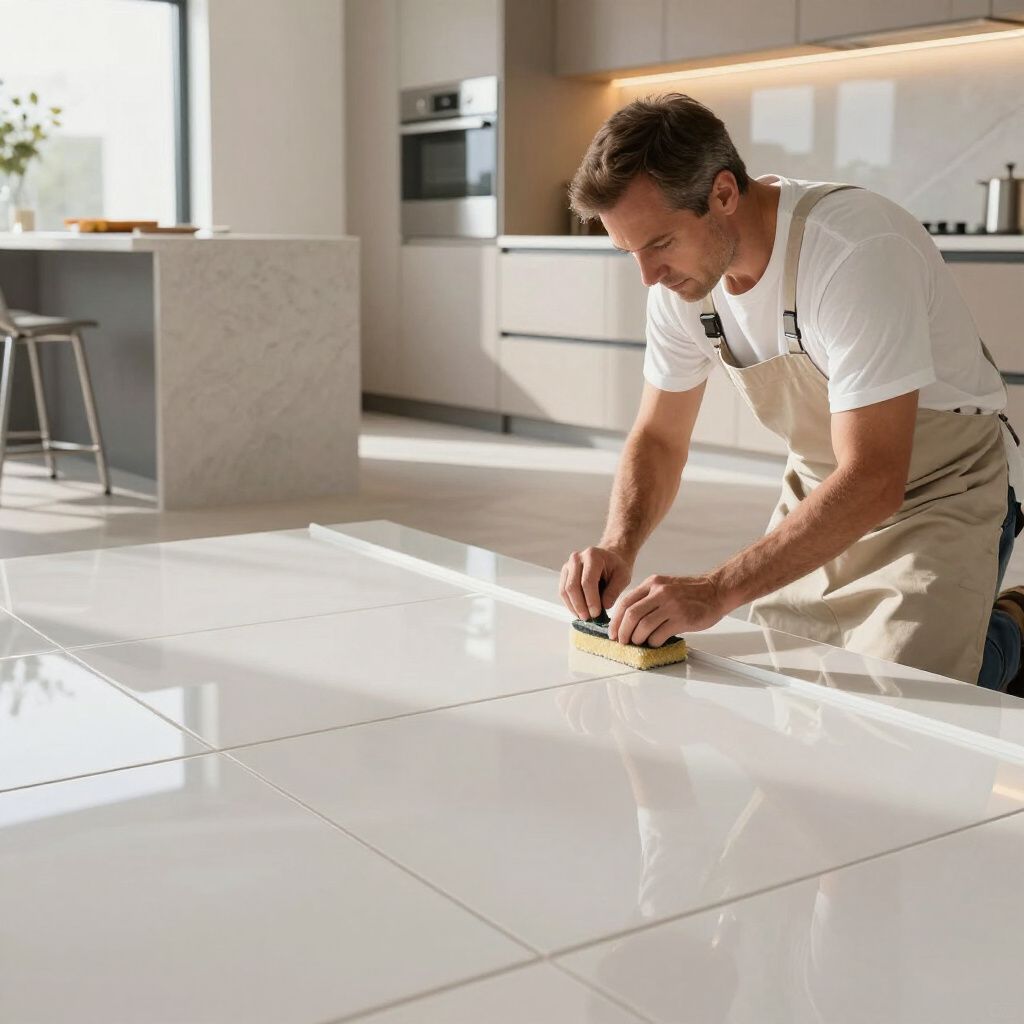 Man kneeling, grouting white tile floor in a modern kitchen.