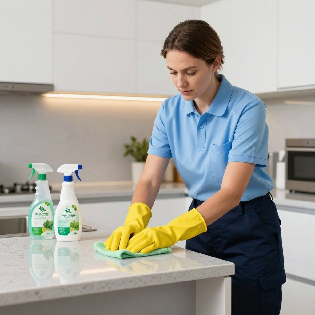 Woman cleaning kitchen countertop with spray bottles and yellow gloves.