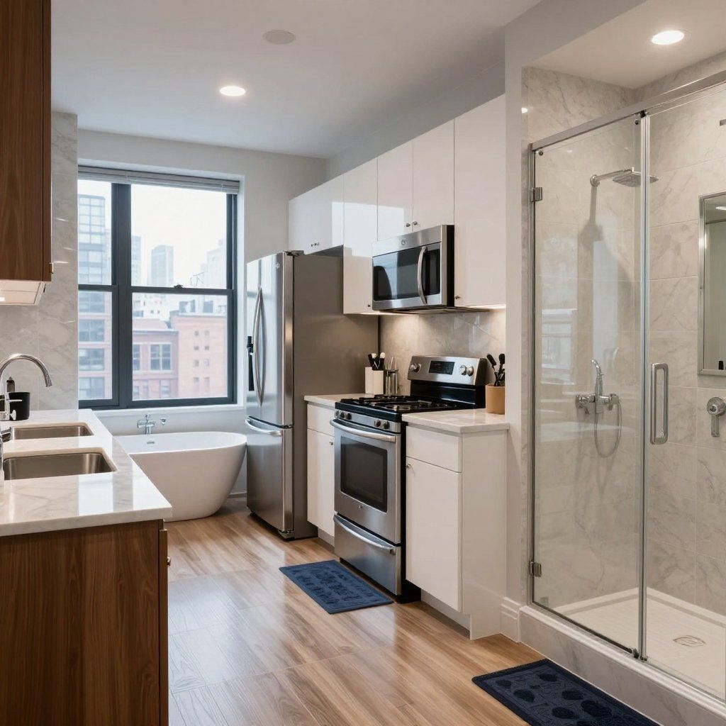 Kitchen with stainless steel appliances, open to a bathroom with a shower and a tub. Light wood floors.