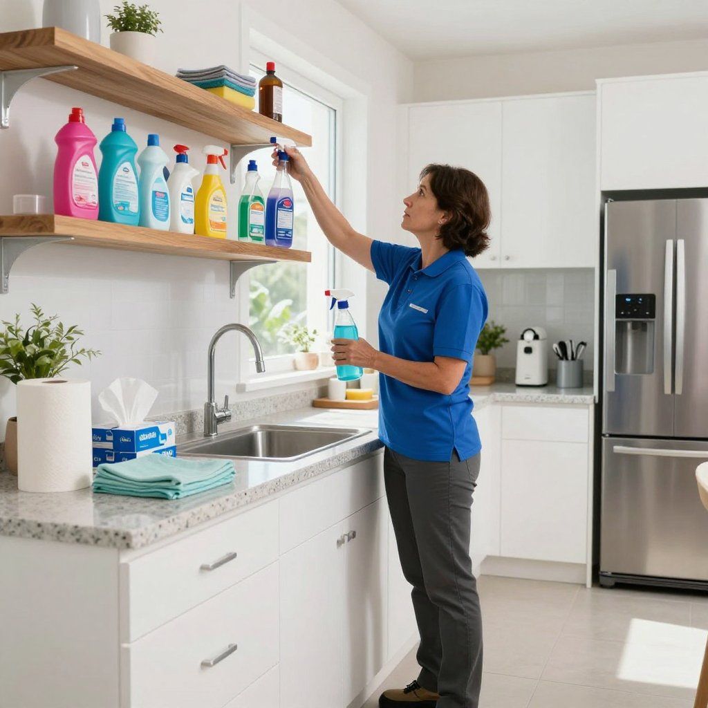Woman cleaning a kitchen, reaching for a spray bottle. Cleaning supplies on a shelf above a sink.