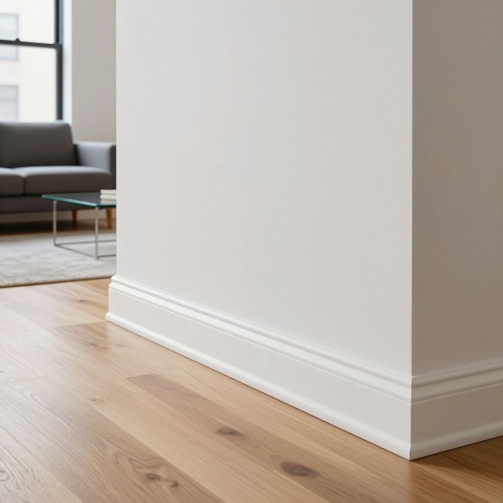 White walls with detailed molding and light wood flooring in a room.