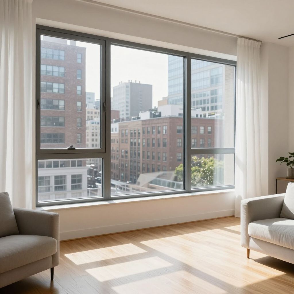 Bright room with large window overlooking city buildings, two gray armchairs, and wood floor.