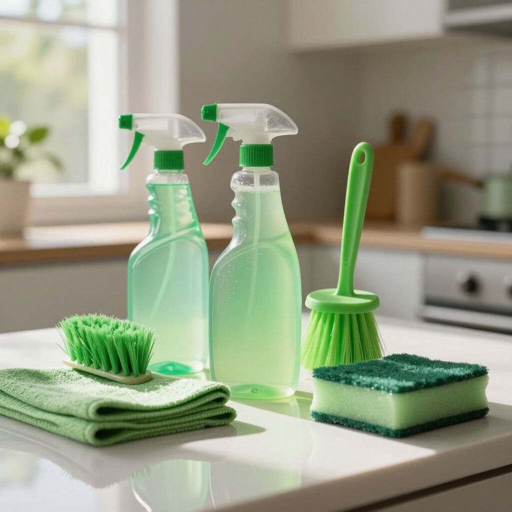Cleaning supplies on a countertop: spray bottles, scrub brush, sponge, and microfiber cloth, all green.