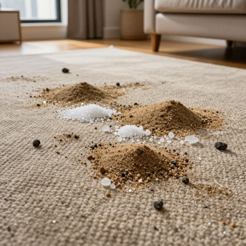A tan rug has three small piles of tan sand, white beads, and black pebbles scattered on it.