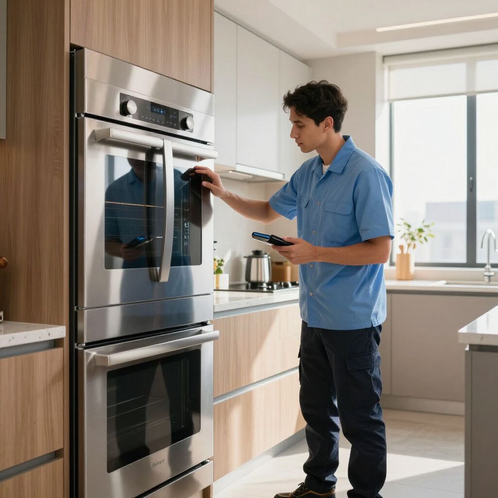 Person in blue shirt inspects a stainless steel oven in a kitchen, holding a device.