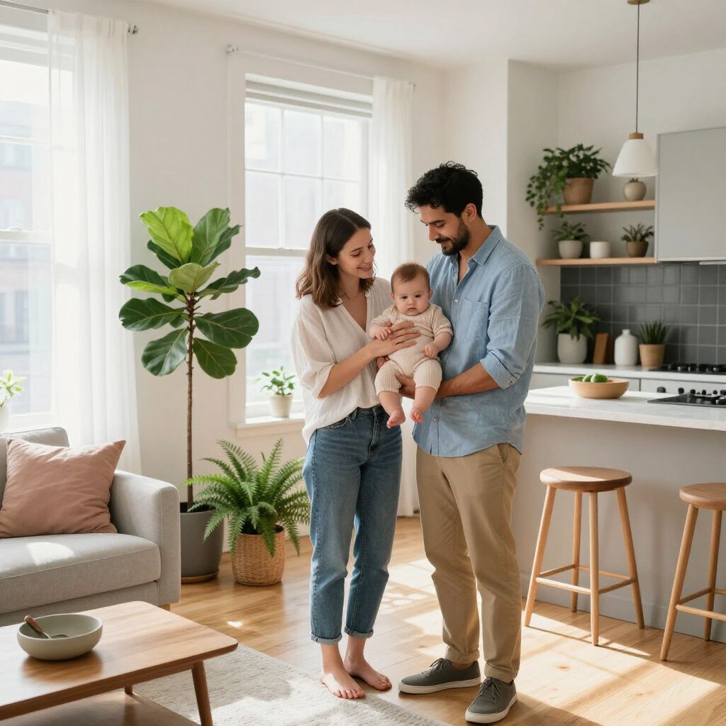 Couple holding a baby in a bright living space, surrounded by plants and sunlight.