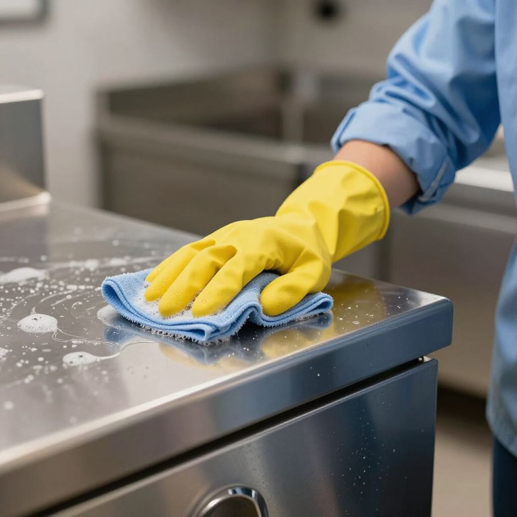 Person wearing yellow gloves wiping stainless steel countertop with a blue cloth.