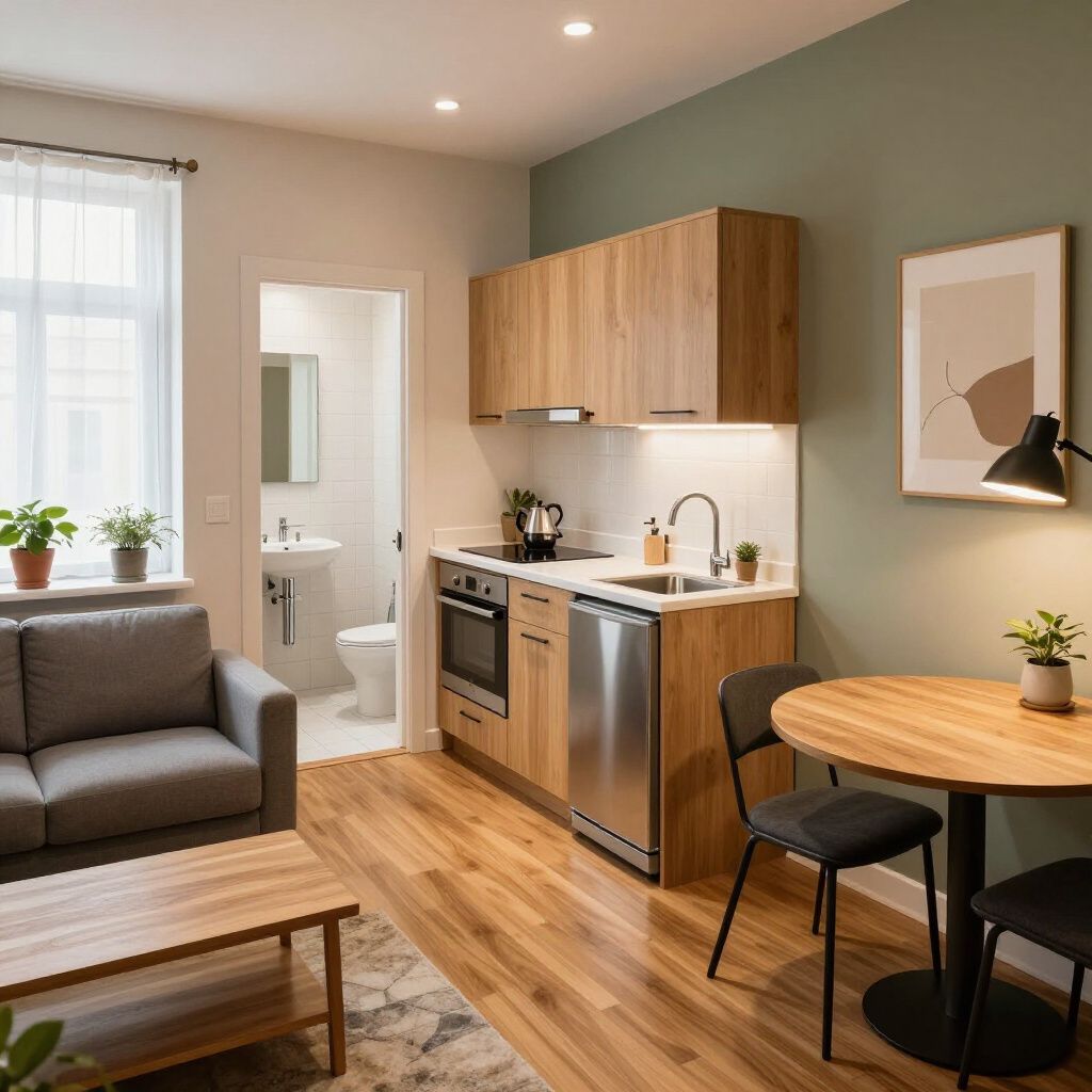Cozy studio apartment with kitchen, dining area, and living room; light wood floors, green accent wall.