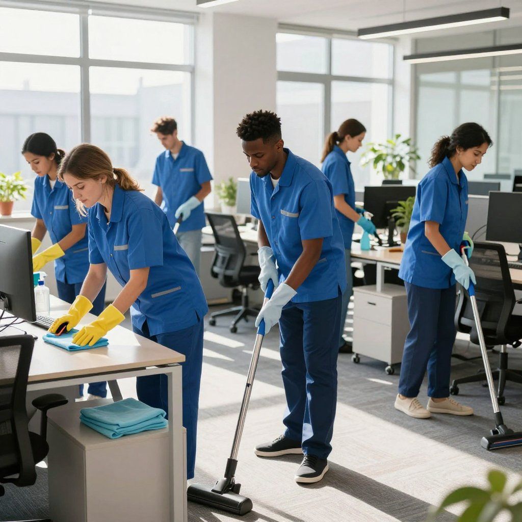 Office cleaning crew in blue uniforms cleaning desks and vacuuming the floor.