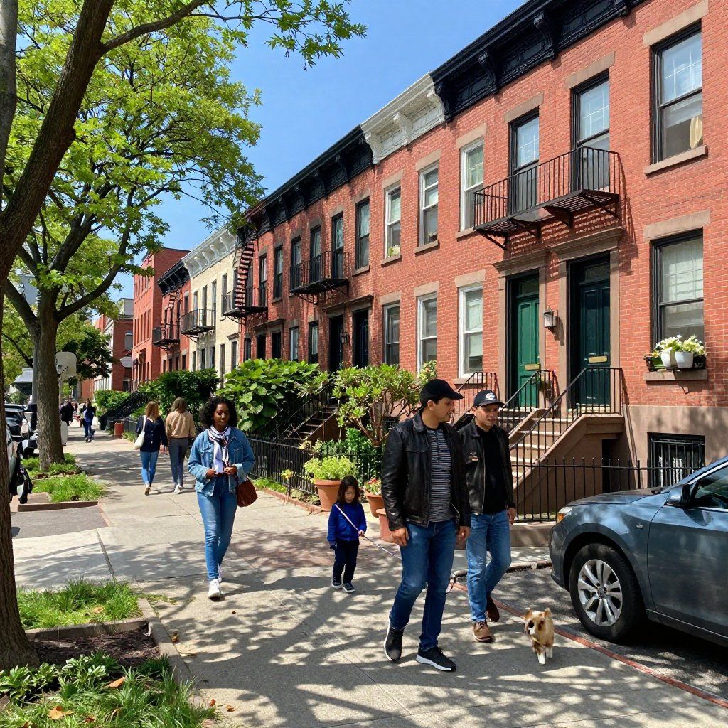 People walking on a sidewalk in front of red brick townhouses. A dog walks ahead of two men. Sunny day.