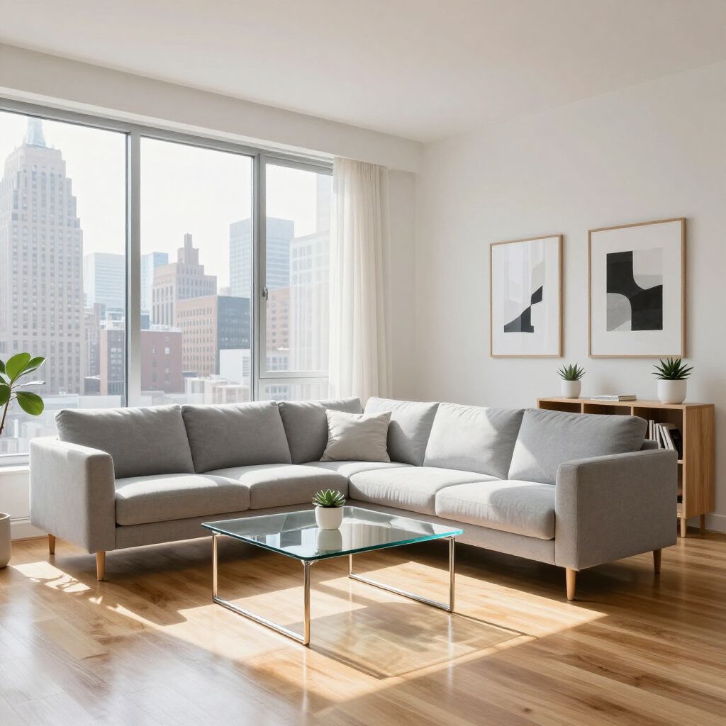 Spacious living room with a gray sectional, glass coffee table, and large window overlooking city buildings.