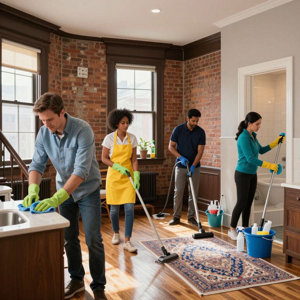 Four people cleaning a room with wood floors. One wipes a counter, others sweep, mop, and spray a bathroom.