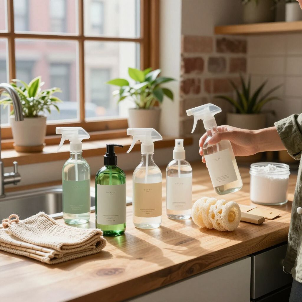 A person sprays a cleaning bottle on a kitchen counter with various cleaning products, plants, and cleaning pads.