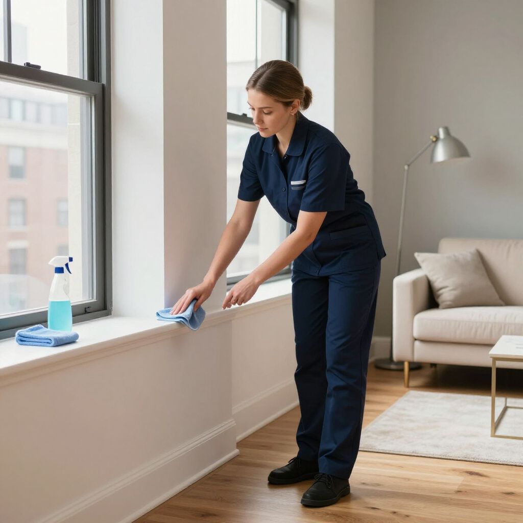 Person cleaning a windowsill in a well-lit room, using a blue cloth and spray bottle.