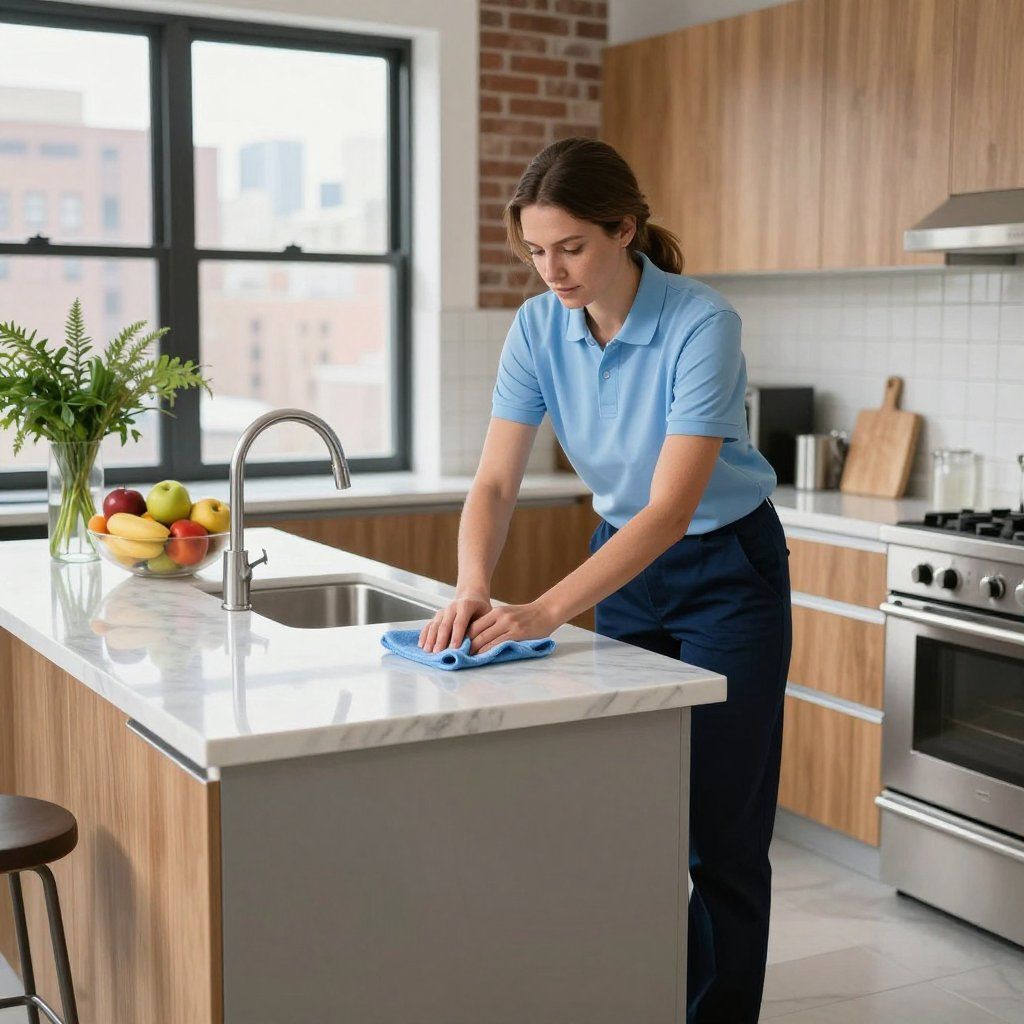 Woman cleaning a kitchen countertop with a blue cloth.