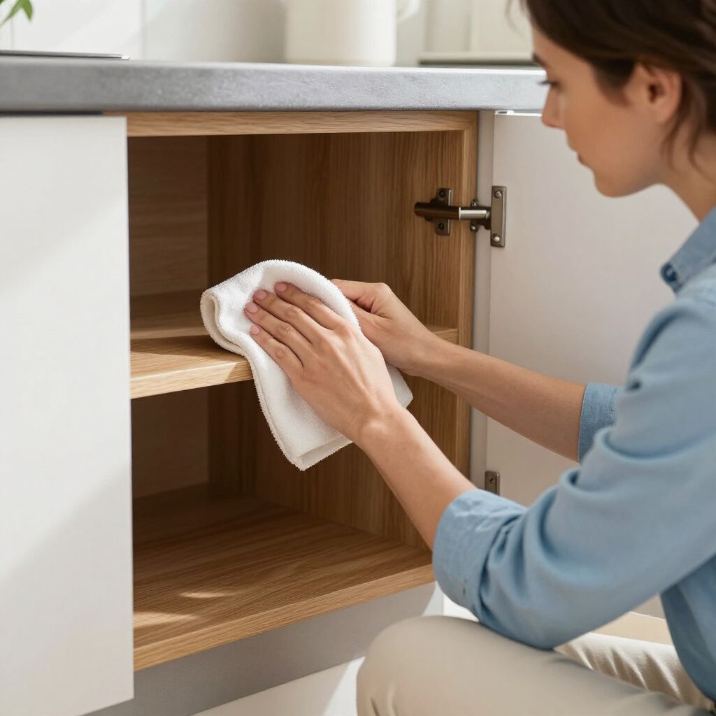 Woman cleaning a wooden cabinet shelf with a white cloth in a kitchen.