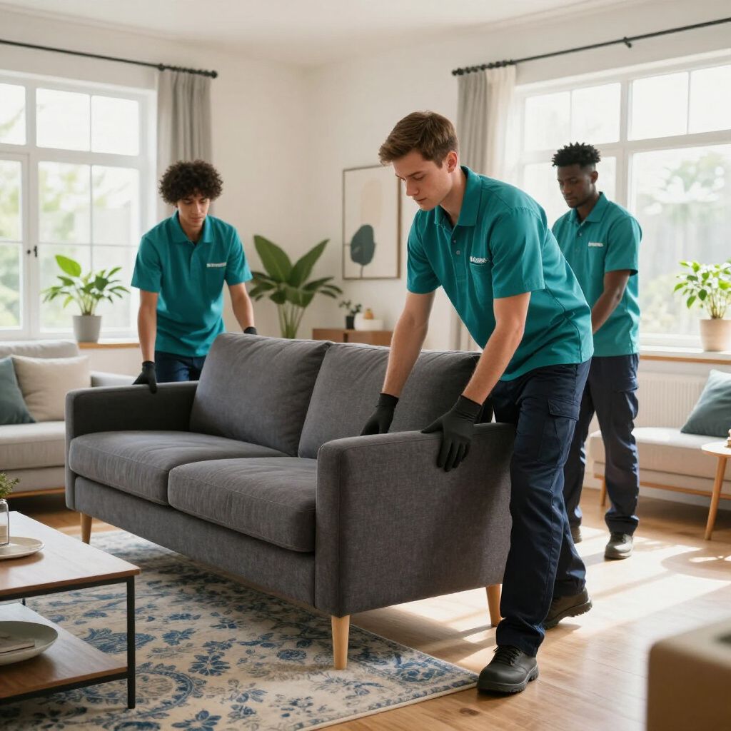 Three movers in green shirts and black gloves lift a gray sofa in a living room.