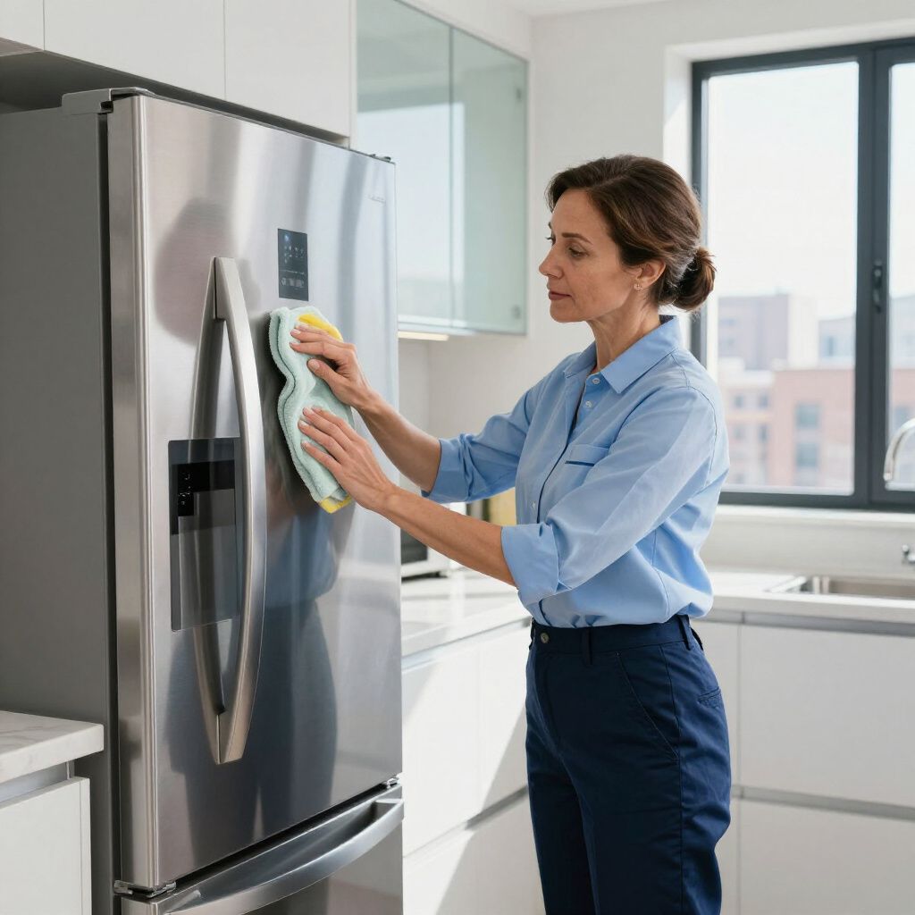 Woman cleaning stainless steel refrigerator in a kitchen with a blue cloth.