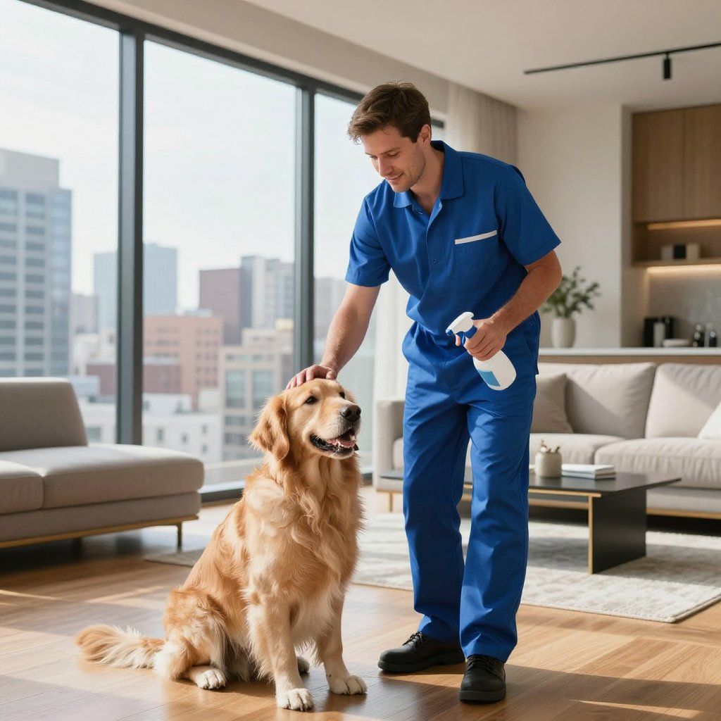 Man in blue uniform pets golden retriever in a modern apartment. He holds a spray bottle.