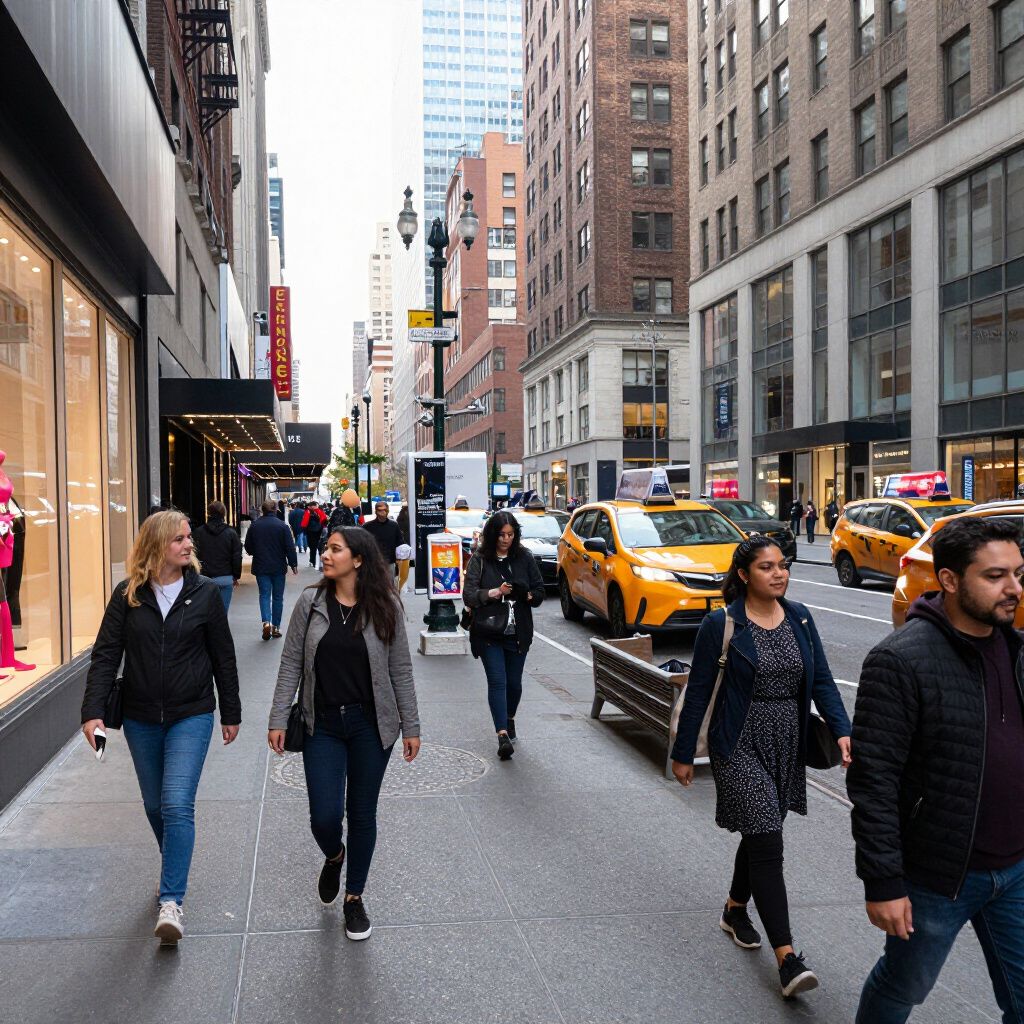 People walking on a city sidewalk next to a street with yellow taxis.
