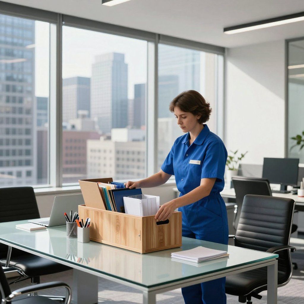 Woman in blue jumpsuit packing files in a wooden box on a desk in a high-rise office.