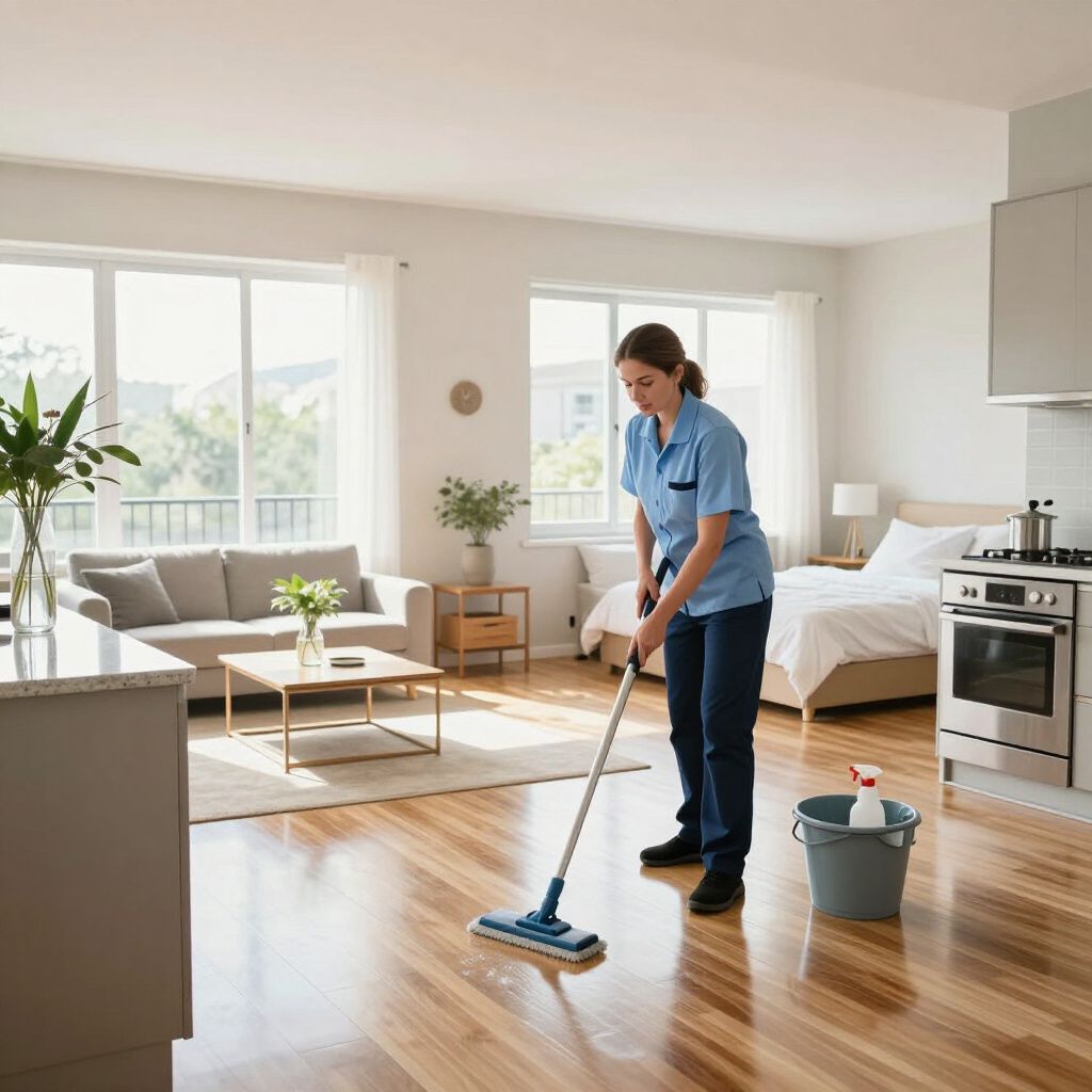 Woman mopping wooden floor in a clean, sunny apartment with living area and kitchen visible.