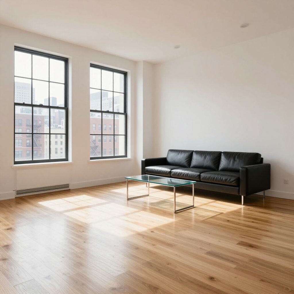 Empty living room with wood floor, black couch, glass coffee table, and large windows.