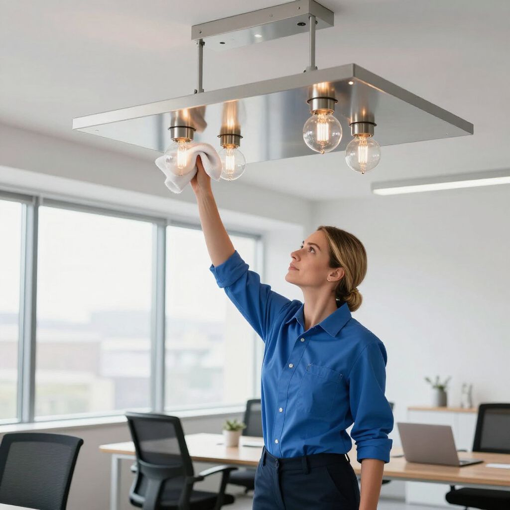 Woman cleaning a rectangular overhead light fixture in an office, using a white cloth.