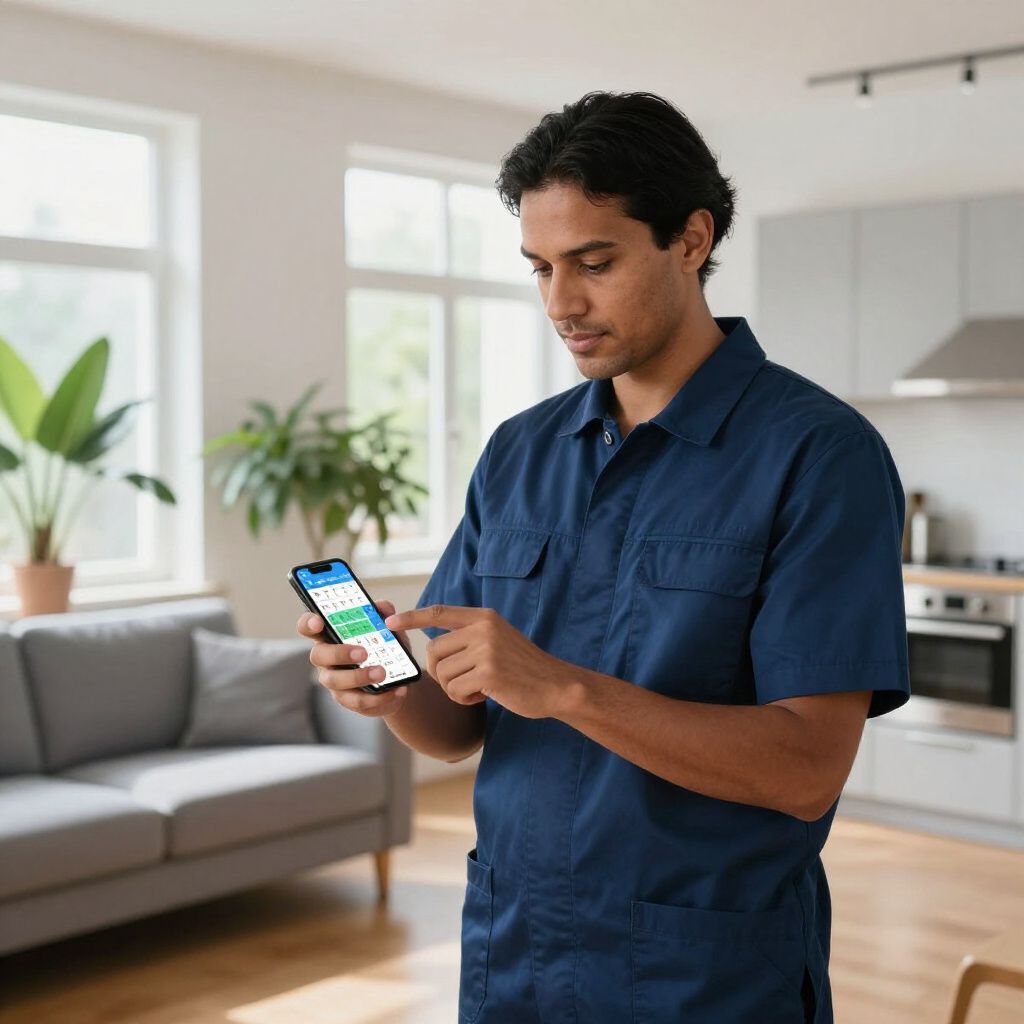 Man in blue shirt using smartphone in a modern home, looking at screen.