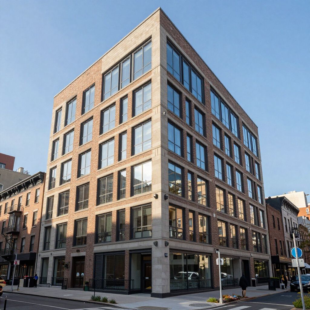 Modern brick and glass building with several floors, street view.