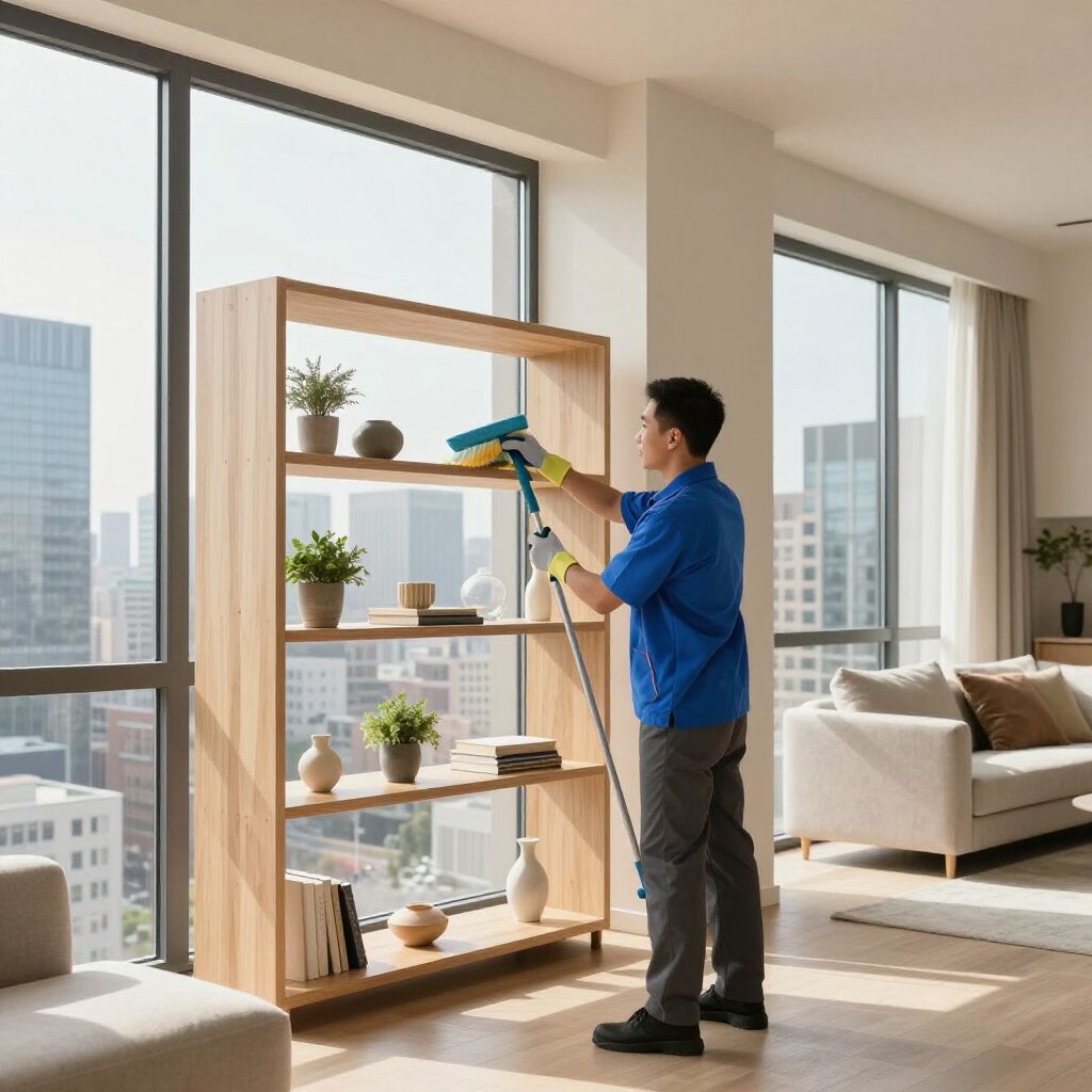Man cleaning wooden bookshelf in a brightly lit apartment with city views, wearing gloves and a blue uniform.