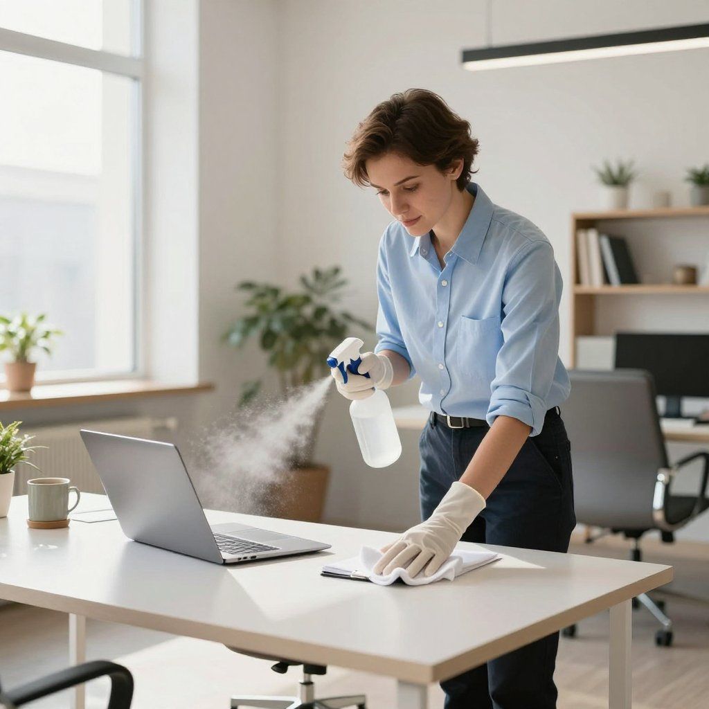 Woman sanitizing office desk with spray bottle and cloth.
