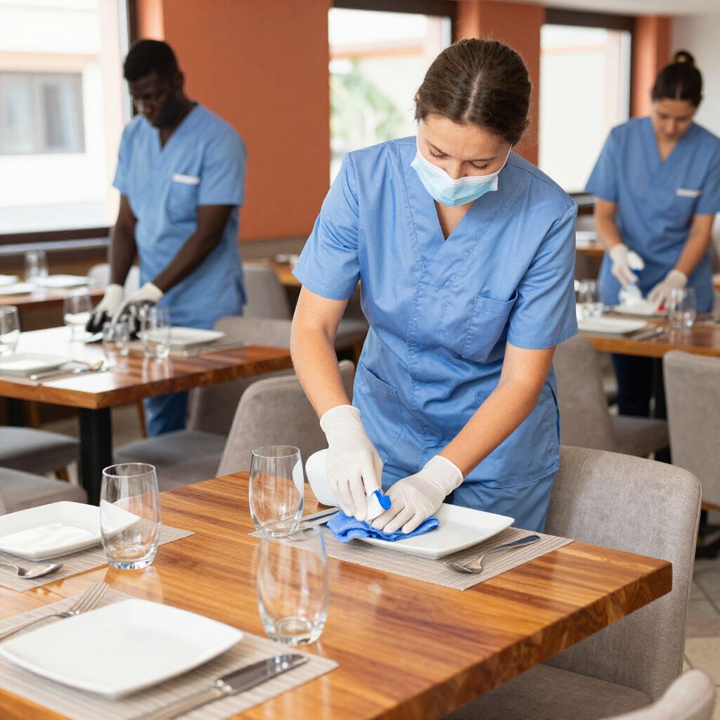 Restaurant staff sanitizing tables. One wears a mask and gloves, others in background.