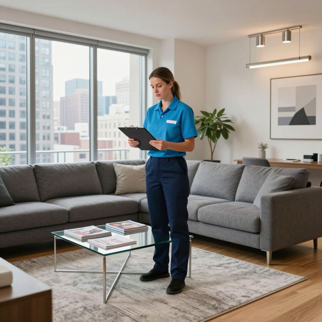 Woman in blue uniform looks at clipboard in living room.