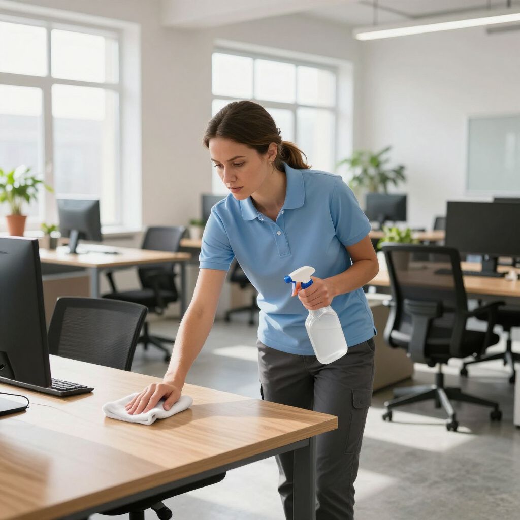 Woman cleaning an office desk with spray bottle and cloth.
