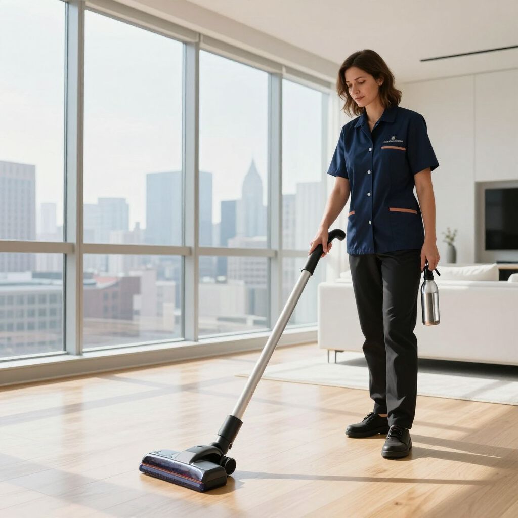 Woman in blue uniform vacuums a hardwood floor in a modern apartment with a city view.