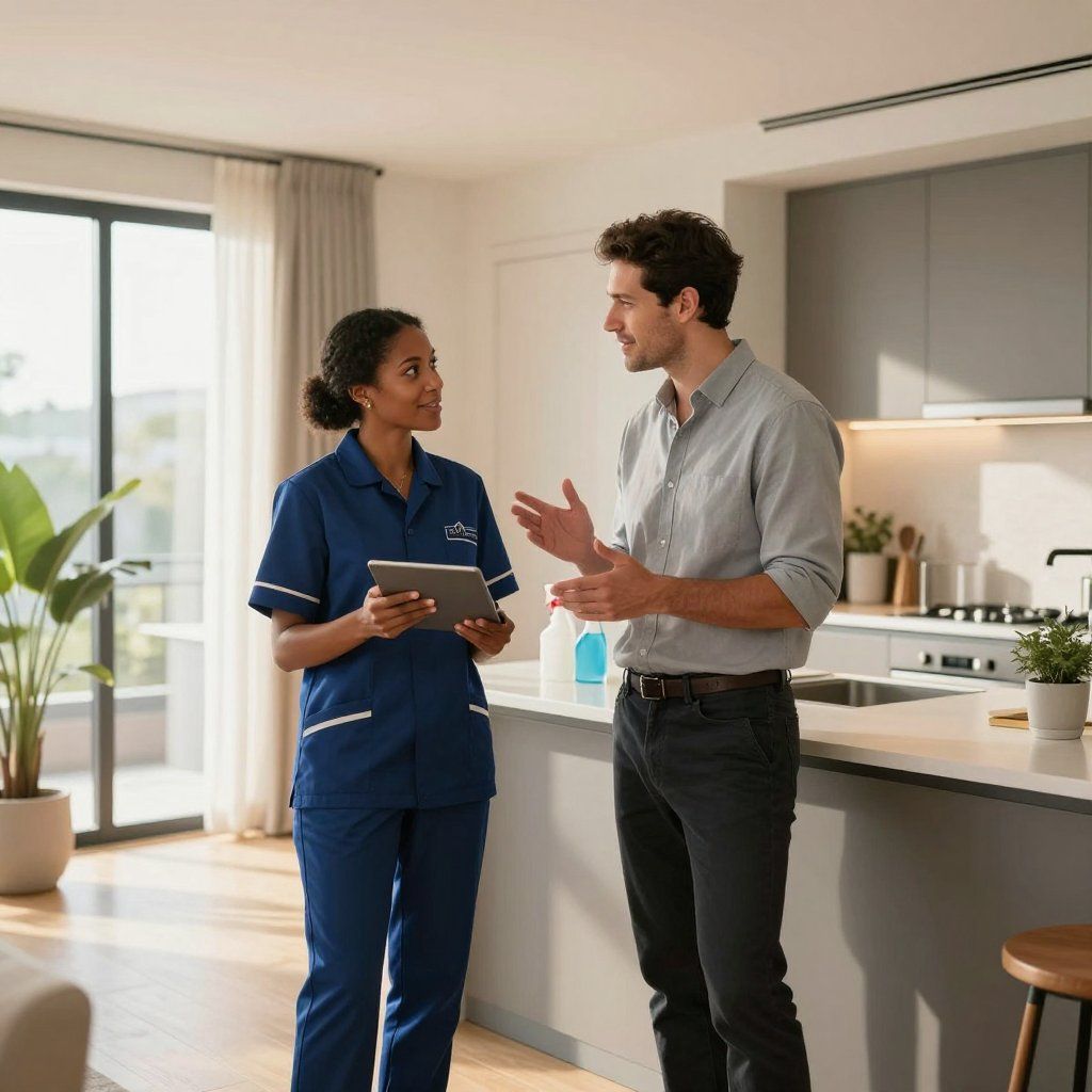 Woman in blue uniform with tablet talking to man in kitchen.